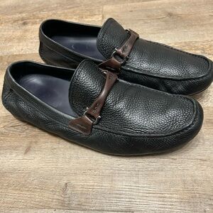 Salvatore Ferragamo Men SZ 10 2E Wide Black Pebbled Leather Driving Loafer Shoe